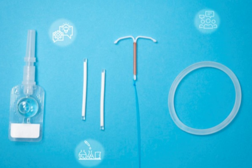 Four types of contraception shown against a blue background