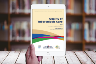 A hand holding an electronic reading tablet with the book cover of Quality of TB Care visible